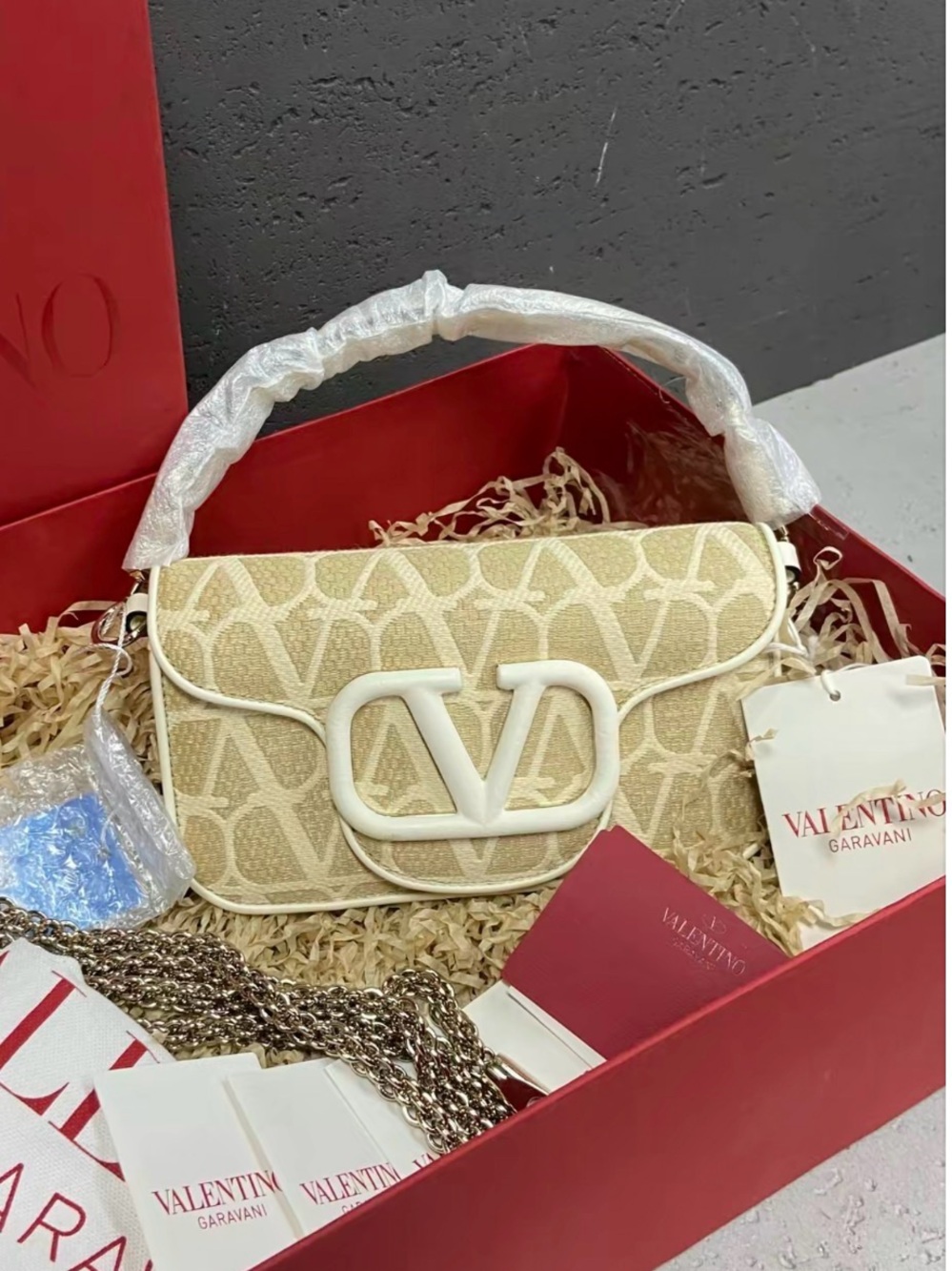 Authentic Valentino Garavani tan V Logo Crossbody Bag with COA